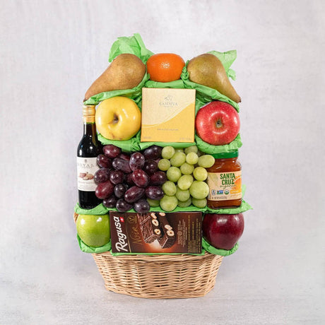 Fresh fruit gift basket apples pears grapes Godiva chocolates Cabernet Sauvignon