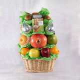 Gourmet fruit basket seasonal apples oranges Swiss chocolate wine wicker basket